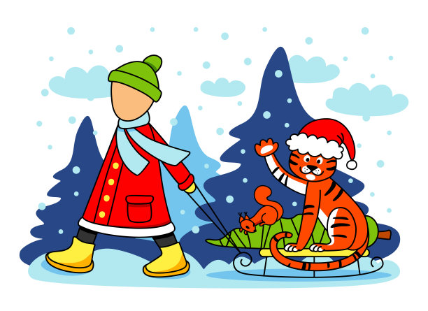 老虎和婴儿。一个孩子和一只老虎、一只松鼠和一棵圣诞树一起在冬季的森林里滚动雪橇。圣诞快乐的心情。图片下载
