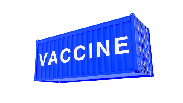 从地面上看，白色背景上有冠状病毒疫苗的货运集装箱。图片下载