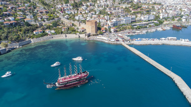 Alanya -土耳其，2021年9月20日，土耳其安塔利亚Alanya海湾的鸟瞰图。大海和城市，还有开阔的天空。Kizil Kule - Alanya图片下载