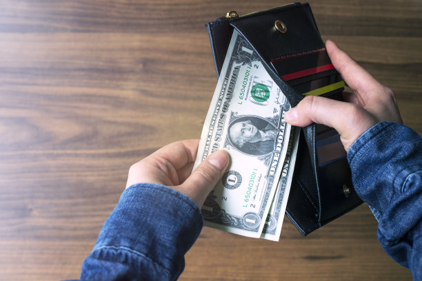 女人手里拿着钱包里的纸币。图片下载