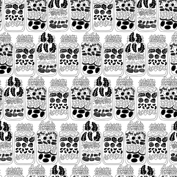 装在罐子里的沙拉黑白无缝的图案图片下载