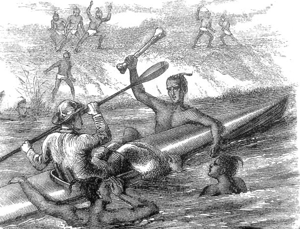 古董插图-哈珀杂志-罗布罗伊在皮艇被接近的土著图片下载