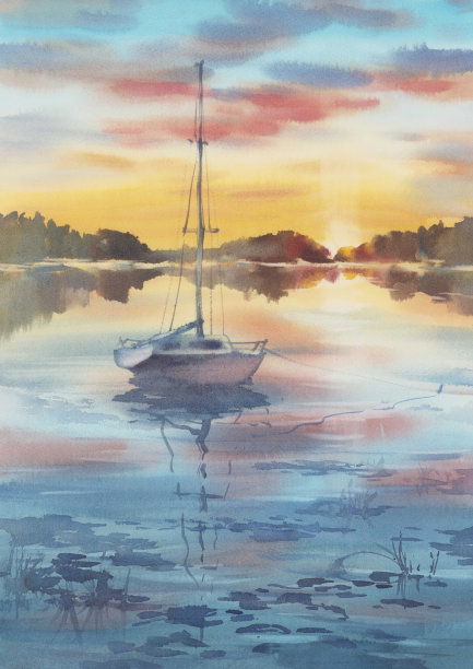 黄昏的薄雾与湖边的云朵和一艘船的水彩作背景图片下载