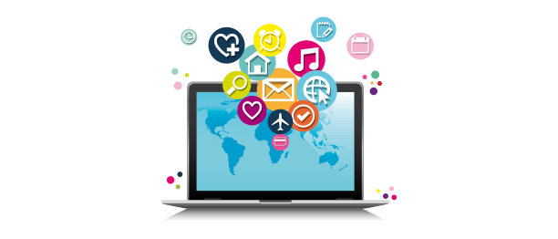 在孤立的白色背景上有图标和图形元素的笔记本电脑。图片下载