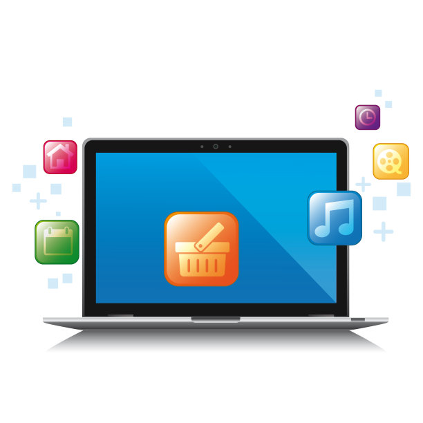 在孤立的白色背景上有图标和图形元素的笔记本电脑。图片下载