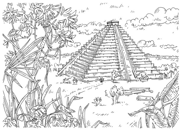 玛雅金字塔和丛林。古董雕刻黑色插图。图片下载
