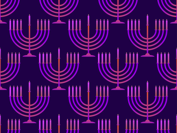 光明节无缝模式与烛台与九蜡烛。犹太节日背景小册子，横幅和包装纸。紫罗兰色背景下的光明节蜡烛。矢量图图片下载