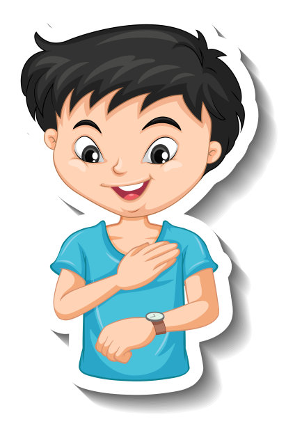 贴纸上有一个男孩卡通人物在看手表图片下载