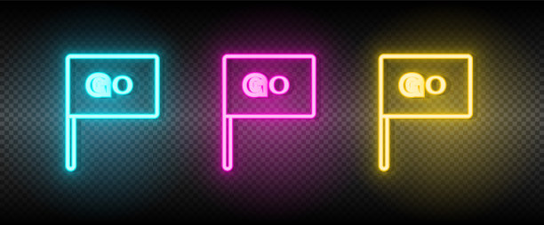 旗帜，进入霓虹灯矢量图标。插图霓虹蓝，黄，红图标集。图片下载