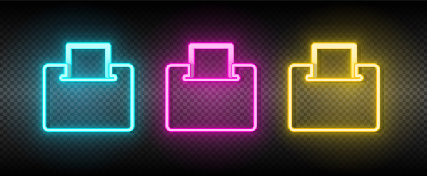 选票，电子霓虹灯矢量图标。插图霓虹蓝，黄，红图标集。图片下载