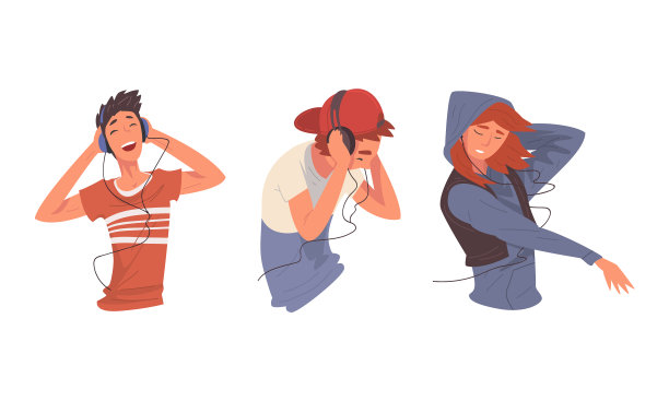 一对戴着耳机的快乐青年男女图片下载