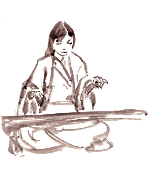 中国女音乐家穿着中国服装演奏古琴，画着中国风格的水墨画图片下载