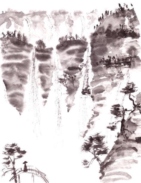 山景与瀑布和松树在中国风格的水墨画图片下载