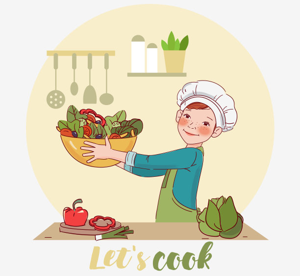 可爱的女孩在厨房做沙拉图片下载