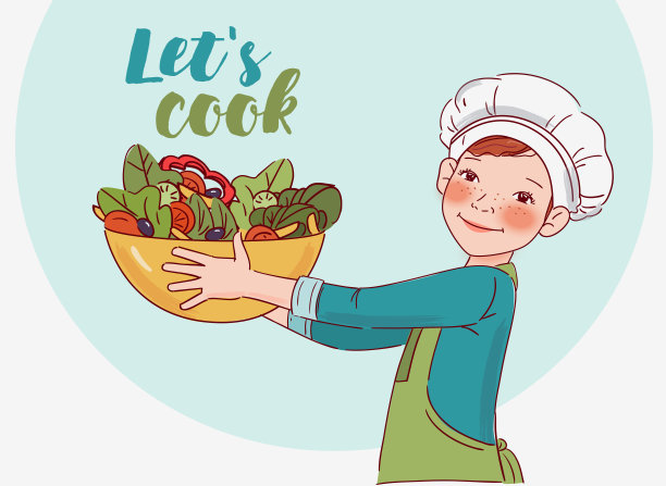 可爱的女孩在厨房做沙拉图片下载