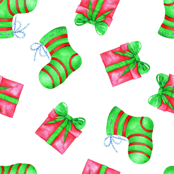 节日袜和礼物。圣诞(新年)无缝模式。水彩图片下载