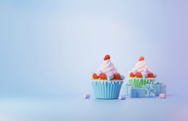 迷你蓝色纸杯蛋糕，棉花糖和红草莓，为圣诞节，新年和即将到来的庆祝图片下载