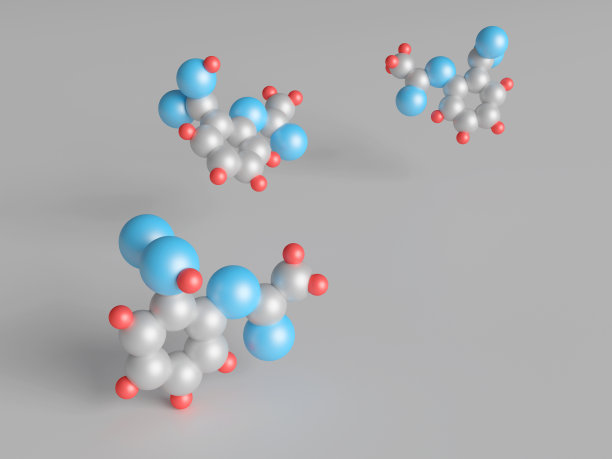 乙酰水杨酸分子三维抽象模型，灰色背景。3D渲染图片下载