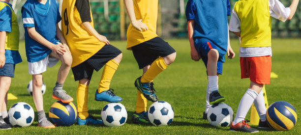 带着运动球的孩子们在训练课上排排站着。孩子们在草地上练习足球。孩子们穿着五颜六色的足球服在学校球场踢球图片下载