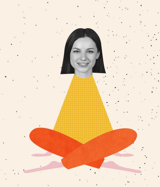 当代艺术拼贴的微笑女孩与画的身体元素坐在瑜伽姿势图片下载