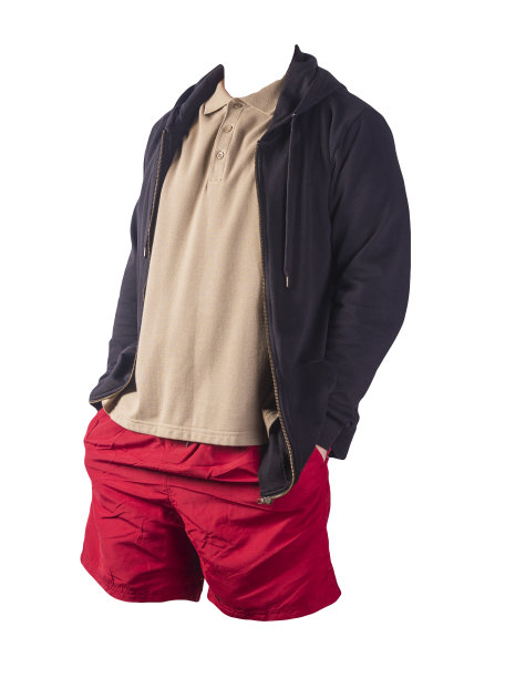 运动衫与铁拉链连帽衫，衬衫和运动短裤孤立在白色背景。休闲运动服装图片下载