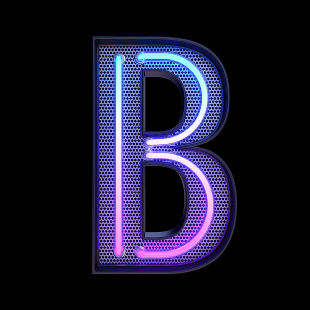 霓虹灯复古光字母B孤立在黑色背景剪贴路径。3d插图。图片下载