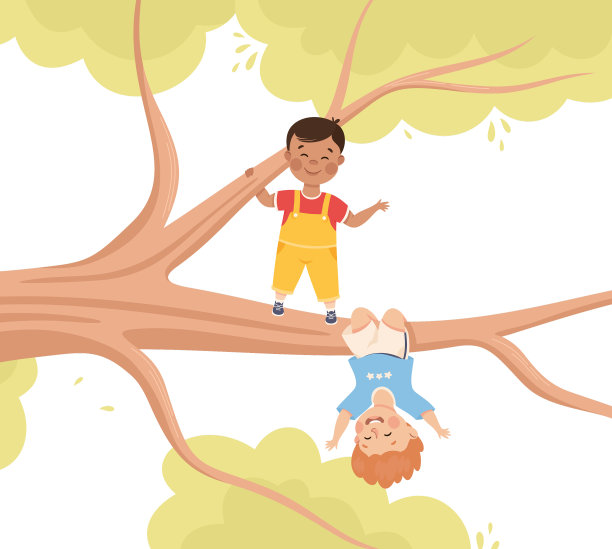 快乐的男孩倒挂在树枝上图片下载