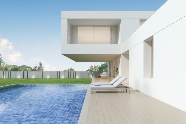 3D渲染：带草坪院子和游泳池的现代豪华住宅图片下载