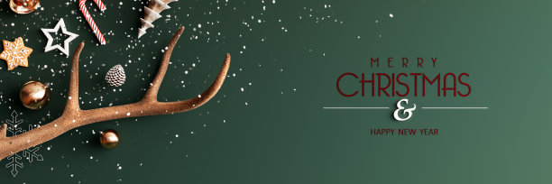 圣诞装饰与驯鹿角和圣诞快乐和新年的绿色背景文字图片下载