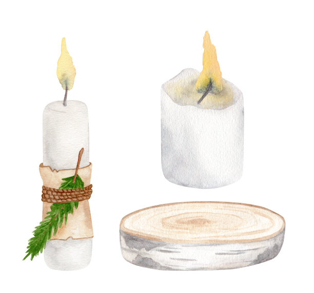 水彩蜡烛插图集。手绘白蜡烛与木片和装饰牛皮纸和杉木枝。圣诞节冬季居家装饰以白色为背景进行隔离设计，卡片。图片下载