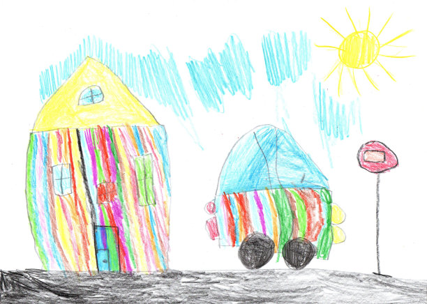 孩子画了一个快乐的男孩在户外散步和一辆车图片下载