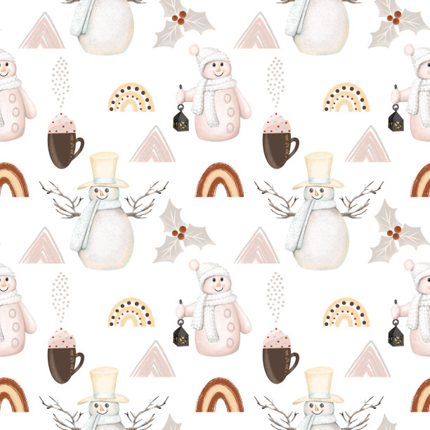 圣诞节可爱的雪人，波西米亚彩虹和冬青浆果无缝模式，手绘插图在白色的背景图片下载