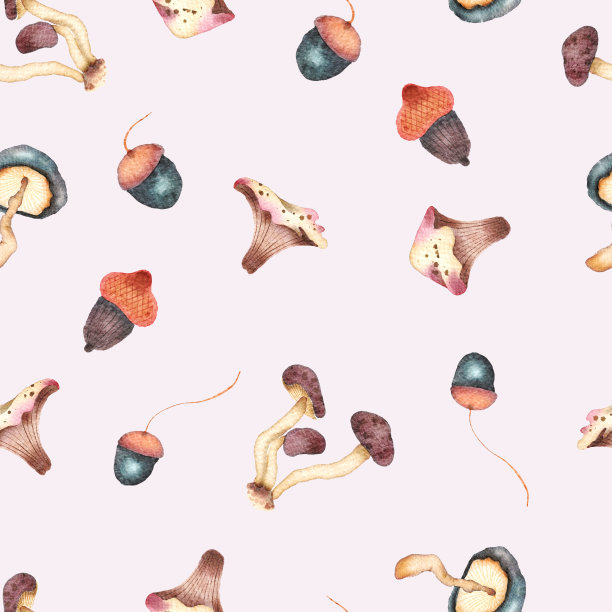 秋天橡子和蘑菇水彩无缝模式图片下载