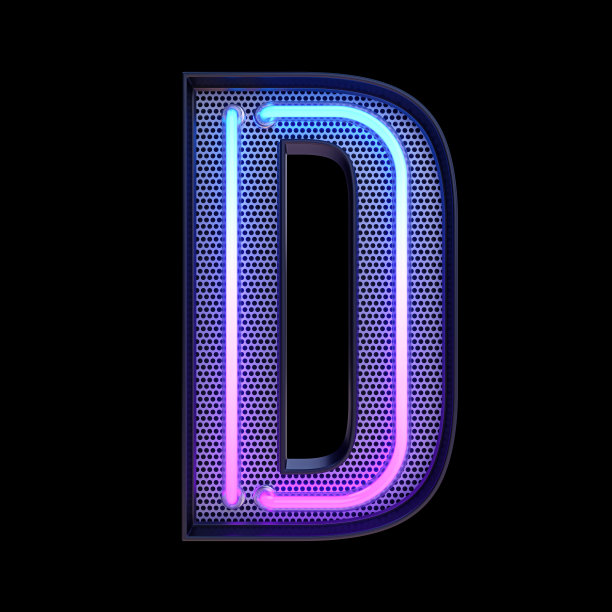 霓虹灯复古光字母D孤立在黑色背景与剪切路径。3d插图。图片下载