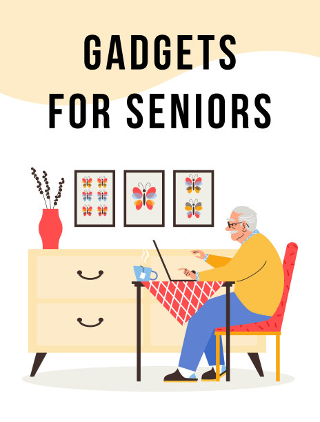 横幅或海报上的小工具和电脑的老年人，平面矢量插图。图片下载