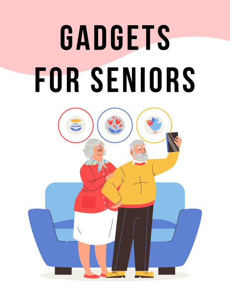 老夫妇拿着小玩意站在家里。老男人在用平板电脑，老女人站在他身后抬头看手机。图片下载