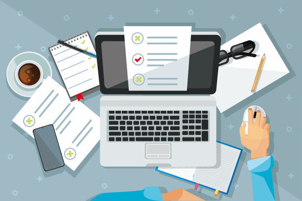 手拿移动设备和办公用品的彩色抽象背景。图片下载