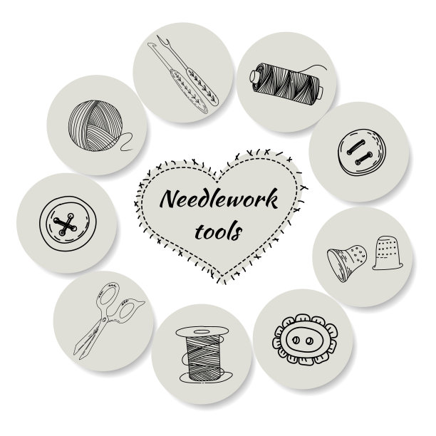 圆形徽记，以女性刺绣为主题的贴纸。女裁缝在工作，剪刀，别针，测量长度的卷尺。平面样式的向量。图片下载