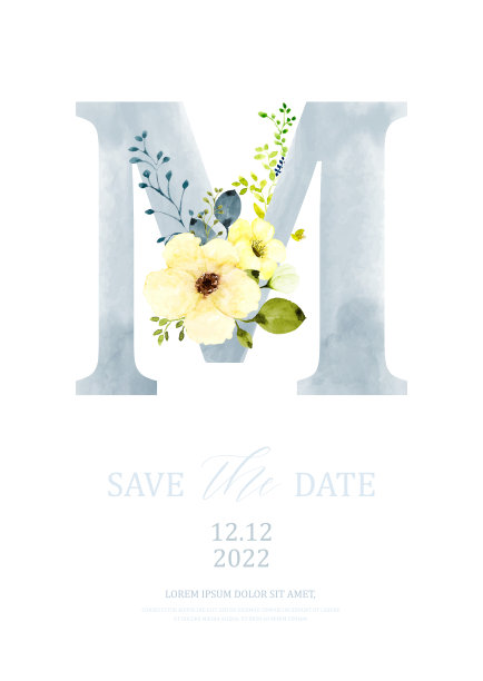 用黄色花束装饰的灰色字母A水彩画图片下载