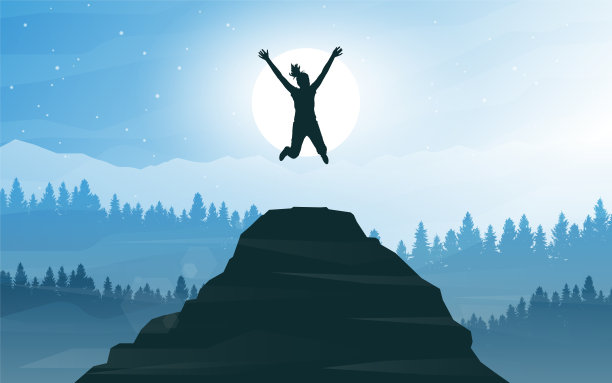 女孩在山顶上跳跃。发现、探索和观察自然的旅游理念。徒步旅游。冒险。极简主义的图形传单。多边形平面设计。海报的插图。图片下载