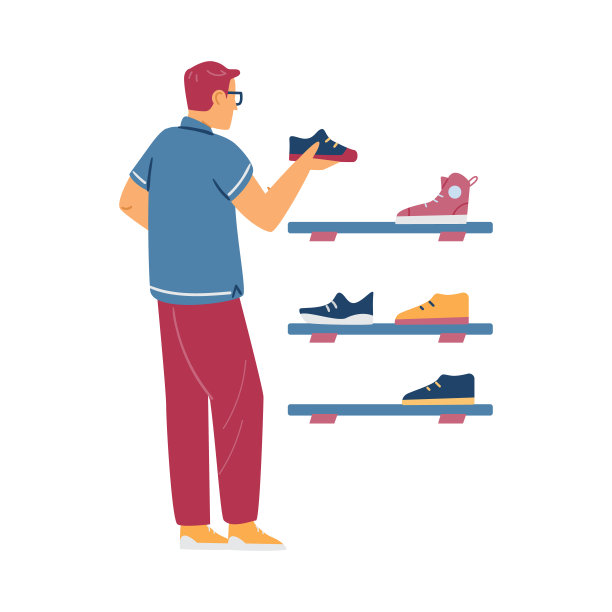鞋店男顾客选择运动鞋，平面矢量插图孤立在白色背景上。一个男人在精品店里找鞋。图片下载