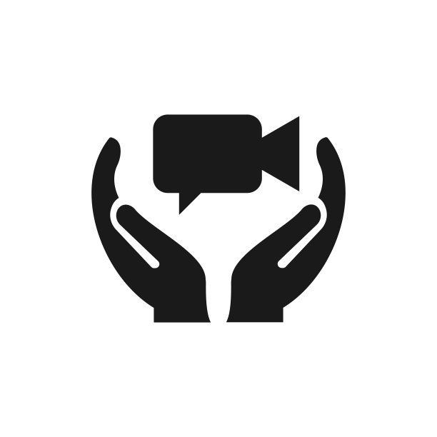 手持摄像机标志设计。聊天标志与手概念矢量。手和聊天标志设计图片下载
