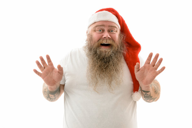 情绪化的胖滑稽和纹身男人孤立在一个白色的背景图片下载