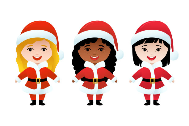 三个不同种族的可爱圣诞女孩图片下载