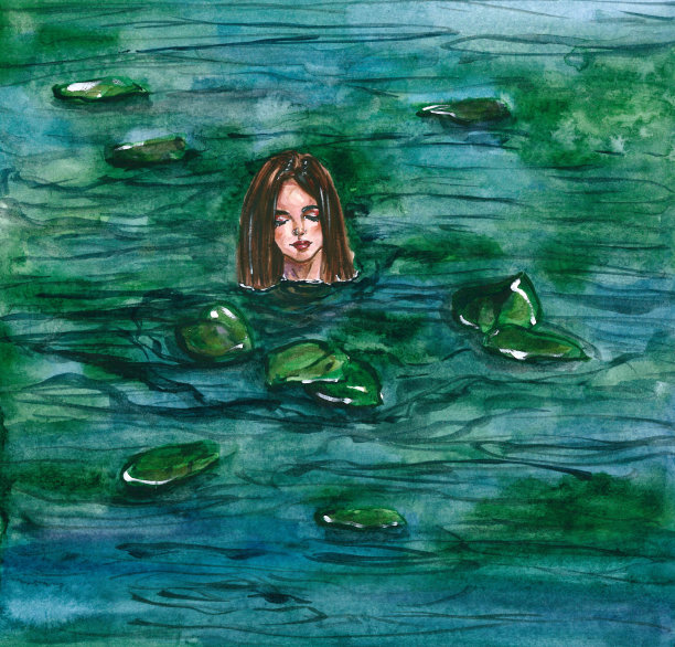 水彩画插图少女仙女女孩美人鱼在水中闭上眼睛和水百合图片下载