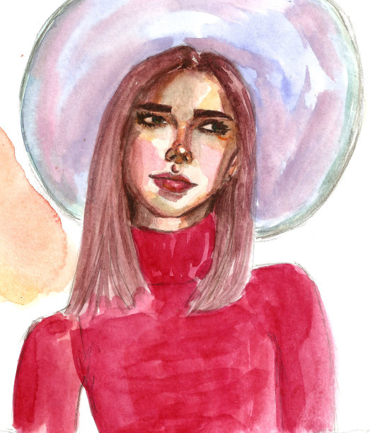 时尚水彩肖像可爱的女孩在帽子和粉红色毛衣图片下载