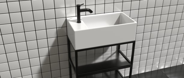 水槽和水龙头，WC内部细节。黑色的水龙头和白色的小盆。三维演示图片下载