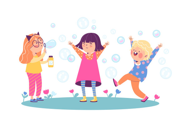 一群快乐的小朋友吹肥皂泡平面矢量插图孤立。图片下载