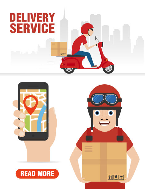 快递快递包由小型摩托车送货。网上送货服务。概念平面设计，配有送货员图片下载