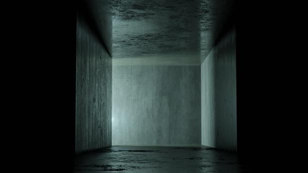 空高细节混凝土垃圾状房间与光条纹和反射。3d渲染图片下载